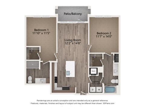 Floor plan for 2 beds, 2 baths, 1100 sqft